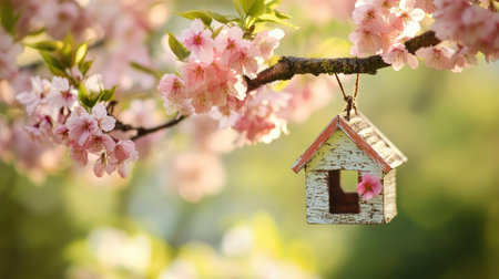 A delightful birdhouse hangs gracefully from a tree branch adorned with lush pink blossoms, creating a serene and picturesque springtime scene.の素材