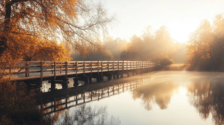 Experience a serene autumn morning with a wooden bridge spanning a tranquil lake, enveloped in soft sunlight and gentle mist, creating a peaceful retreat.の素材