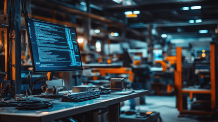 A contemporary industrial workspace featuring a computer with code displayed on the screen. The busy factory environment highlights machinery and technology in action.の素材