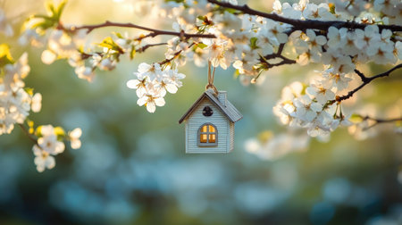 A delightful scene featuring a miniature house delicately suspended from a cherry blossom branch, immersed in a serene garden adorned with beautiful flowers.の素材