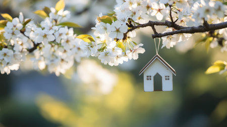 A charming white house decoration hangs delicately among blooming cherry blossoms, perfectly capturing the essence of spring in a serene outdoor setting.の素材
