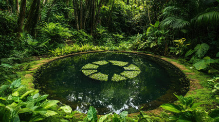 A tranquil pond nestled in a vibrant forest, surrounded by lush greenery and tropical plants, creating a serene oasis in nature's beauty.の素材