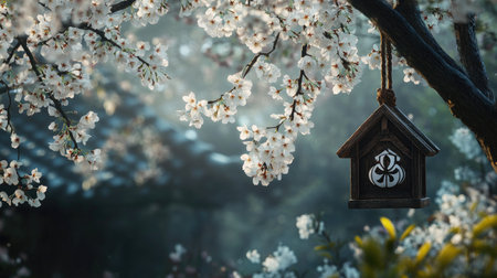 A beautiful wooden birdhouse hangs from a cherry blossom tree, surrounded by delicate white flowers and soft morning light, creating a serene atmosphere.の素材