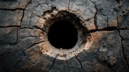 A captivating close-up image showcasing a dark circular hole set against a cracked wooden backdrop, emphasizing intricate textures and natural patterns.の素材