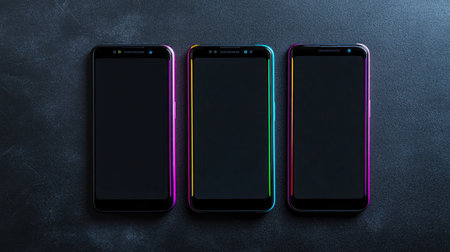 This image features three modern smartphones with colorful edges, arranged neatly on a dark background, showcasing sleek design and contemporary technology.の素材