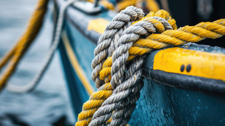 This image features a close-up of a coiled rope with vibrant yellow and grey colors on a boat, against a calm water backdrop, capturing maritime details.の素材