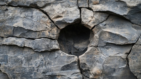 A striking image depicting a circular hole in a rugged rock face, surrounded by intricate cracks. The contrast in texture and form captures nature's raw beauty.の素材