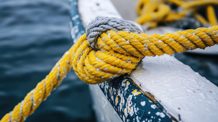 A close-up image showcasing a vibrant yellow rope knot secured on a boat. The tranquil water backdrop complements the detailed textures of the knot, highlighting craftsmanship in marine environments.の素材