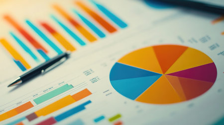 This image features vibrant business charts and graphs scattered on a surface with a pen, ideal for financial analysis and reporting.の素材