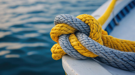 This image features a beautifully tied nautical knot made from vibrant yellow and gray rope, resting gently on a boat. The background reveals serene blue waters, creating a tranquil maritime atmosphere.の素材