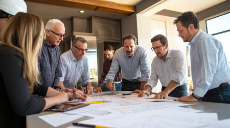 A group of professionals engages in a collaborative meeting around architectural plans, showcasing teamwork and innovative ideas in a modern office environment.の素材