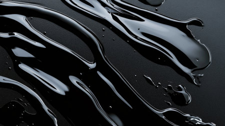 This image features a glossy black liquid gracefully flowing over a dark surface, creating an elegant and artistic abstract pattern with reflections and a smooth texture.の素材