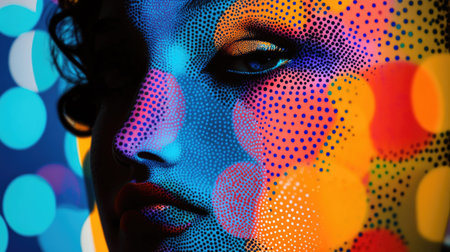 A striking portrait of a woman featuring vibrant abstract color dots and bokeh lighting effects, creating a modern art feel and captivating aesthetic.の素材