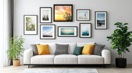 This cozy modern living room features a stylish white sofa adorned with colorful cushions, framed artwork on the wall, and a lush houseplant, creating a welcoming atmosphere filled with natural light.の素材