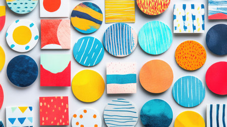 This vibrant stock image showcases an array of colorful circular and square patterns, highlighting artistic textures on a clean white background.の素材