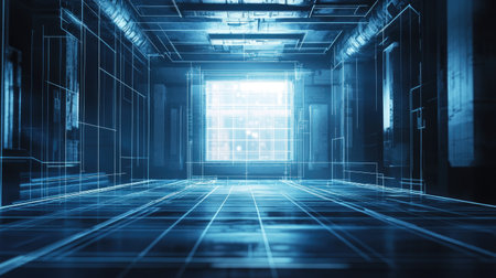 An immersive view of a futuristic digital space featuring a glowing grid and abstract architectural elements, showcasing innovation and technology themes.の素材