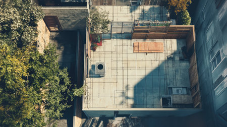 This aerial shot captures a modern urban rooftop featuring greenery, outdoor furniture, and artistic design elements, perfect for architectural insights.の素材