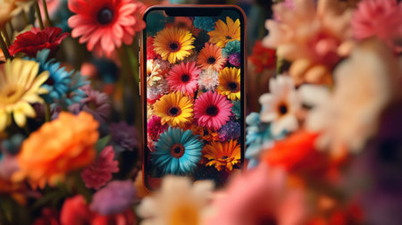 A striking visual of a phone displaying a colorful collection of flowers, surrounded by a vibrant garden, showcasing beauty and modern technology.の素材