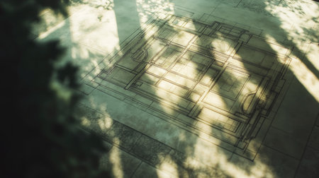 This captivating image features an architectural blueprint design on a floor, illuminated by natural sunlight, casting intriguing shadows and creating a harmonious blend of nature and art.の素材