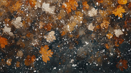 A captivating view of autumn leaves strewn across a snow-covered ground, showcasing the beauty of seasonal change and nature's serene landscape.の素材