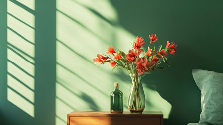 This image showcases a beautiful floral arrangement in a glass vase placed on a wooden nightstand, set against a calming green wall. Soft shadows from sunlight filter through, creating an inviting atmosphere, perfect for home decor inspiration and serene interior design.の素材