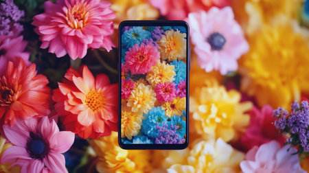 A vibrant smartphone is nestled among an array of colorful flowers, creating a stunning visual of technology blended with nature's beauty. Perfect for themes of creativity and modern life.の素材