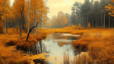A tranquil autumn landscape featuring vibrant golden foliage surrounding a calm river. The serene scene captures the beauty of nature with tall trees and still waters reflecting the warm colors of the season. Perfect for nature enthusiasts and photographers.の素材