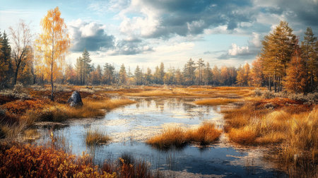 This picturesque autumn landscape showcases a tranquil waterway surrounded by vibrant foliage, reflecting the serene beauty of nature under a cloudy sky.の素材