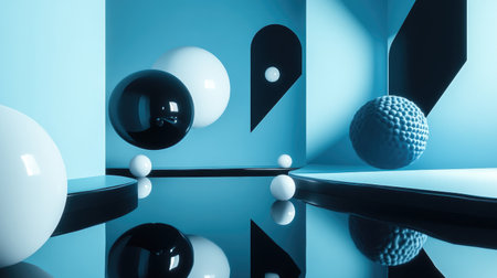 A captivating modern abstract composition featuring geometric shapes and vibrant colors, showcasing a stylish indoor space with reflections and dynamic forms.の素材