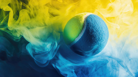 A vivid tennis ball stands out amid swirling smoke in blue and yellow hues, capturing the essence of sports fun and energy in a creative visual.の素材