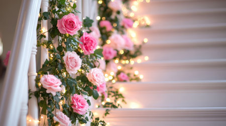 A beautifully arranged staircase adorned with delicate pink roses and glowing fairy lights creates a romantic and inviting atmosphere perfect for any celebration.の素材