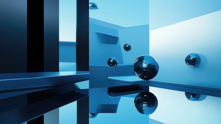 Explore a captivating abstract scene featuring reflective spheres within a blue and black minimalistic space, perfect for modern design inspiration.の素材
