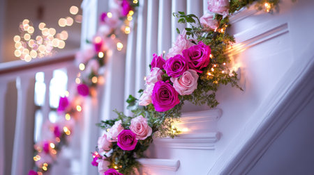 This stunning image features a beautifully arranged floral garland of pink and white roses cascading down a staircase, illuminated by soft twinkling lights, creating a romantic and inviting atmosphere perfect for any special event or celebration.の素材