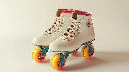 A pair of classic white roller skates with vibrant yellow and orange wheels, perfect for retro-themed fun, fitness activities, and nostalgic recreation.の素材