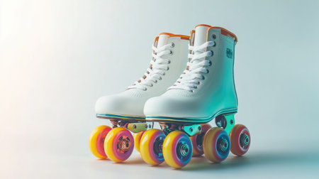 A pair of stylish retro roller skates featuring colorful wheels, ideal for conveying energy, movement, and the joy of outdoor activities in modern photography.の素材