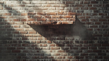 A close-up image of a textured brick wall featuring a prominent shadow cast by a shelf. The interplay of light and shadow creates a striking visual effect, enhancing the industrial and rustic feel of the setting.の素材