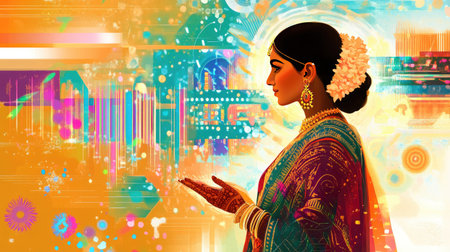 A stunning profile of a woman dressed in traditional attire adorned with beautiful jewelry, set against an abstract background filled with vibrant colors and patterns.の素材