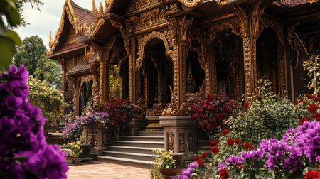 This stunning image captures an ornate traditional Thai temple, adorned with elaborate decorations, surrounded by vibrant flowers and lush greenery.の素材