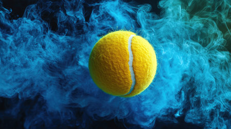 A vibrant tennis ball floats amidst colorful smoke, creating a dramatic and artistic visual effect. The contrast of yellow and blue adds dynamism.の素材