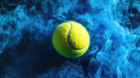 This stunning image features a vibrant yellow tennis ball enveloped in swirling blue smoke, symbolizing energy and excitement in sports and fitness.の素材