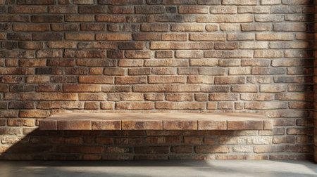 A rustic brick wall features a sturdy wooden shelf, illuminated by natural sunlight, creating beautiful shadows across a clean interior. Perfect for decor.の素材