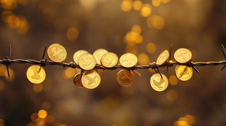 This artistic photo features shiny golden coins delicately hanging on barbed wire against a warm sunset background, creating a striking contrast between beauty and danger.の素材