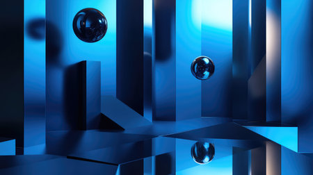 This striking abstract image showcases a vibrant blue composition with geometric shapes and reflective surfaces, creating a modern digital art scene.の素材