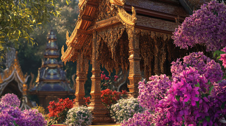 A stunning depiction of an ornate Thai pavilion intricately designed and adorned with vibrant purple and pink flowers, creating a serene garden ambiance.の素材