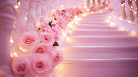 A beautifully arranged staircase adorned with pink roses and twinkling lights creates a romantic atmosphere ideal for weddings and celebrations.の素材