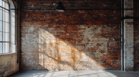 An expansive view of an unfinished interior space featuring a weathered brick wall enhanced by soft sunlight, creating a warm and inviting atmosphere.の素材