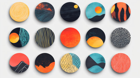 A collection of colorful circular abstract patterns featuring unique geometric designs and natural elements. Perfect for modern decor and creative projects.の素材