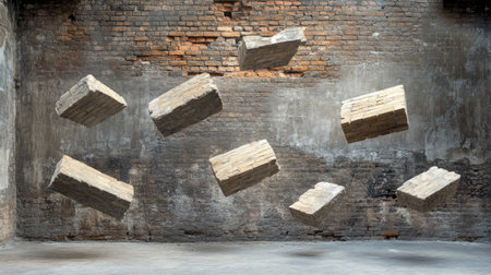 An intriguing visual of floating brick blocks in an empty warehouse, showcasing textures of the weathered walls with an industrial feel.の素材
