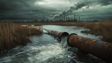 A striking image of industrial pipes discharging wastewater into a marshland while factories emit smoke under a moody sky, highlighting environmental challenges.の素材