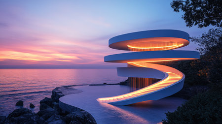 A stunning futuristic architectural structure with luminous curves gracefully overlooks the calm ocean during a breathtaking sunset, blending art and nature.の素材